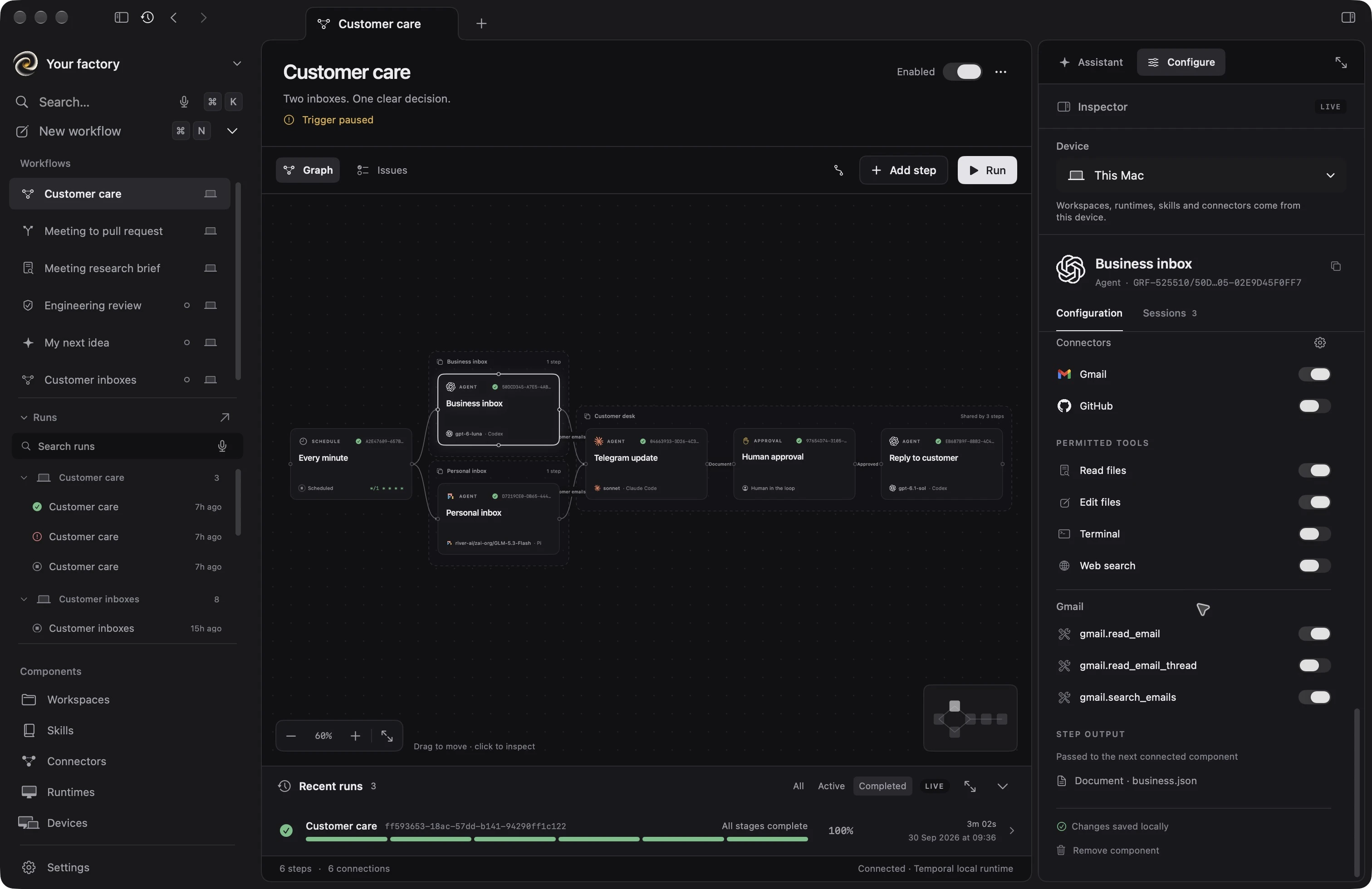 A Wile step’s configuration: the connected Gmail app switched on, GitHub off, and switches for each permitted tool